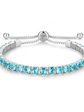 Sterling Silver Tennis Bracelet Aquamarine Birthstone Cubic Zirconia Adjustable